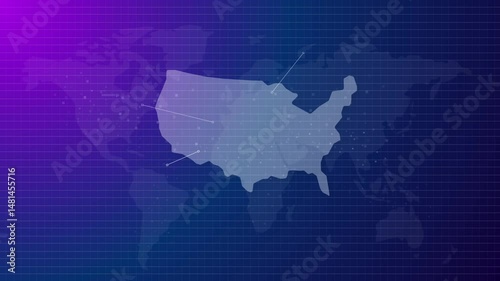 USA America American map in global interconnected world animated futuristic digital world blue purple background