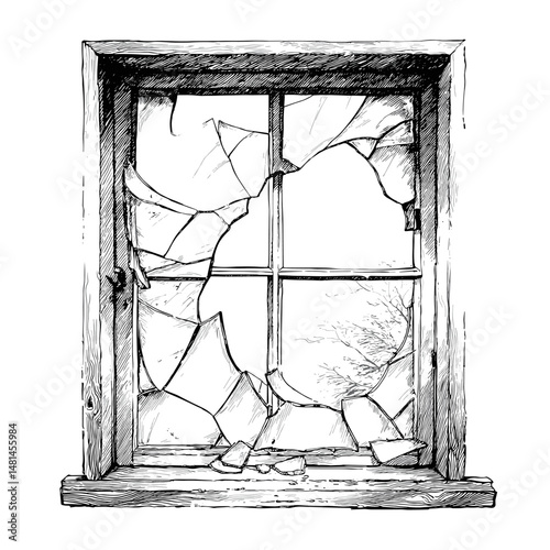 vector sketch window with broken glass on white background .Generative AI