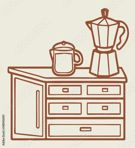 Vintage brown illustration of coffee making station with moka pot and coffee pot on a cabinet
