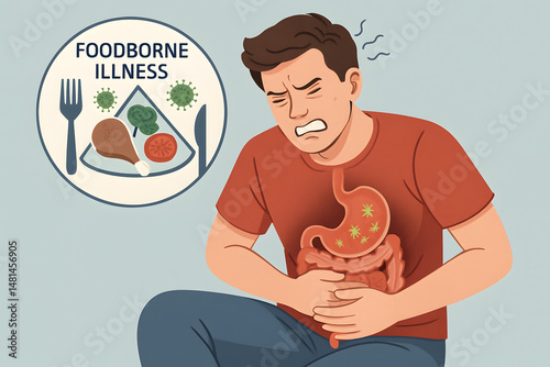 Battling Foodborne Illness: A man experiences the debilitating effects of food poisoning, capturing the pain and distress associated with a foodborne illness.