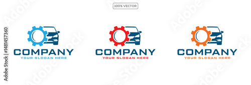 Garage Service Logo Featuring Car, Gear, and Wrench vector illustration