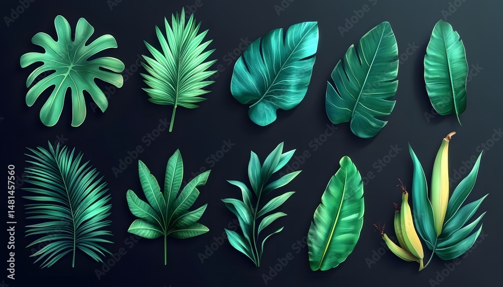 Fototapeta premium Tropical foliage collection displayed on a dark background.