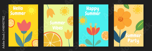Four vibrant summer themed cards featuring flowers, oranges, and suns, perfect for seasonal greetings, invitations, or event announcements.