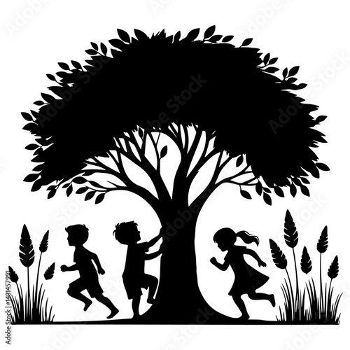 Kids Play Under Tree Silhouette.