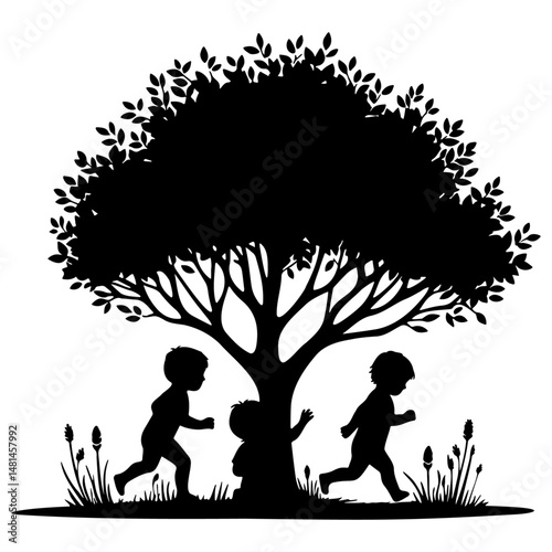 Kids Play Under Tree Silhouette.