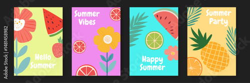 Set of colorful summer cards with fruits and flowers. Ideal for summer party invitations or vibrant seasonal marketing materials.