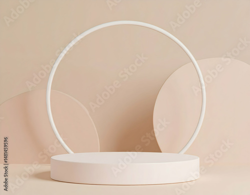 Elegant Beige Podium with White Circle and Geometric Shapes in Minimalist Design for Product Display and Presentation