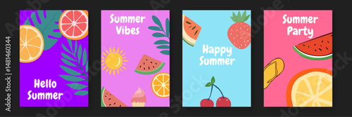 Four colorful summer themed cards with fruit and text suitable for summer party invitations or greeting cards design projects. Refreshing and vibrant designs.