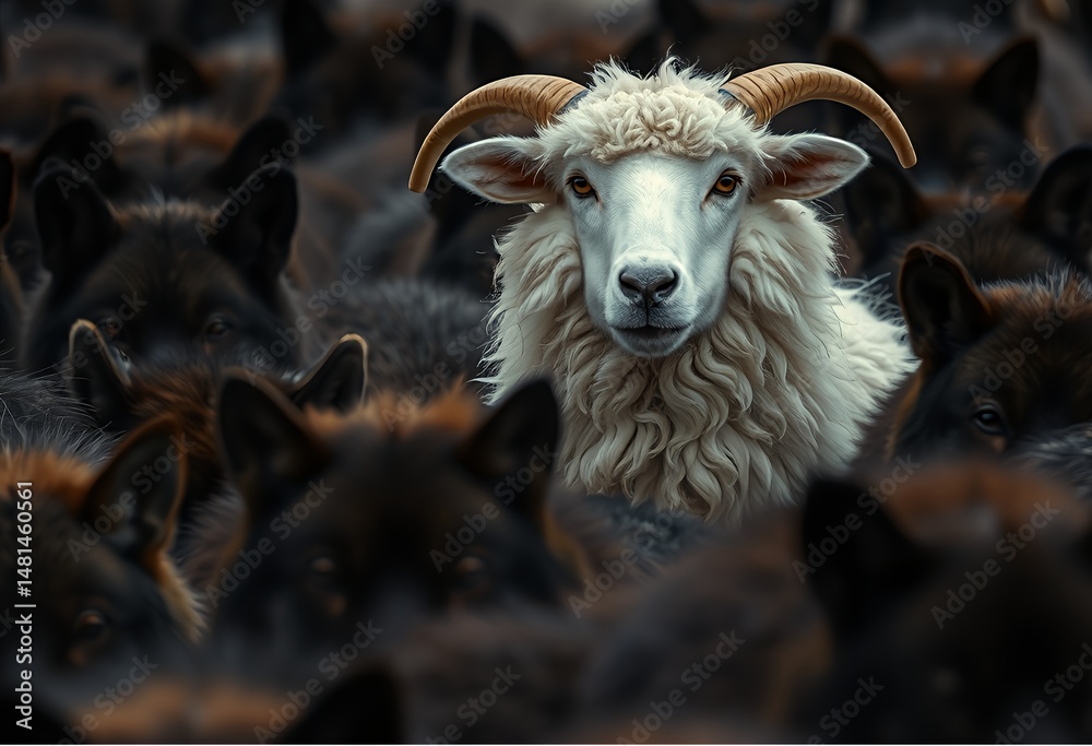 Obraz premium Powerful concept image: A single white sheep stands out boldly in a dense pack of dark wolves, perfect for illustrating themes of individuality, risk, vulnerability, non-conformity, or being different