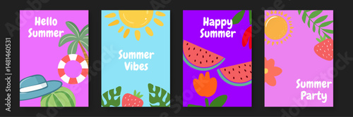 Four summer themed cards with fruit, sun, and palm trees suitable for greeting cards, invitations, posters, and social media posts.