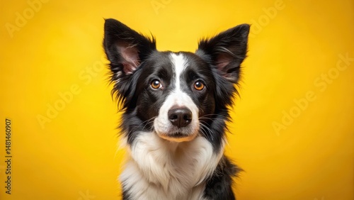 A Border Collie dog sitting on a yellow background with its ears perked up and eyes focused forward, showcasing its intelligence and alertness , pet, alertness