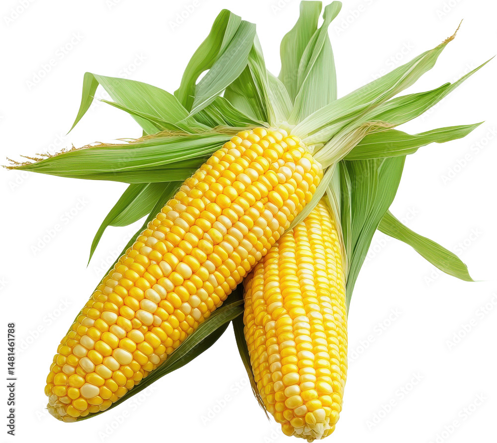 Obraz premium Fresh Yellow Corn Cob with Green Leaves