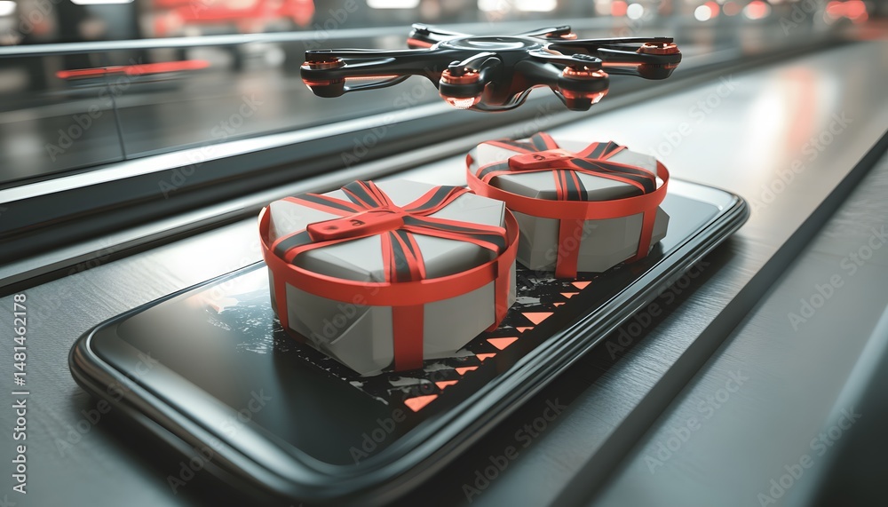 Naklejka premium Modern delivery drone carrying gifts on a conveyor belt.