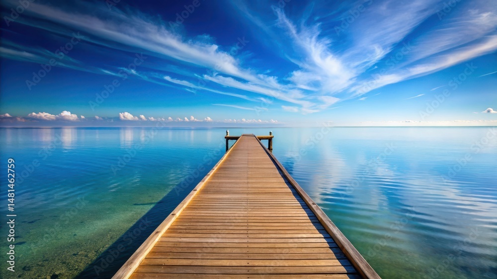 Fototapeta premium A serene wooden pier stretches out into a vast expanse of ocean, with a brilliant blue sky above