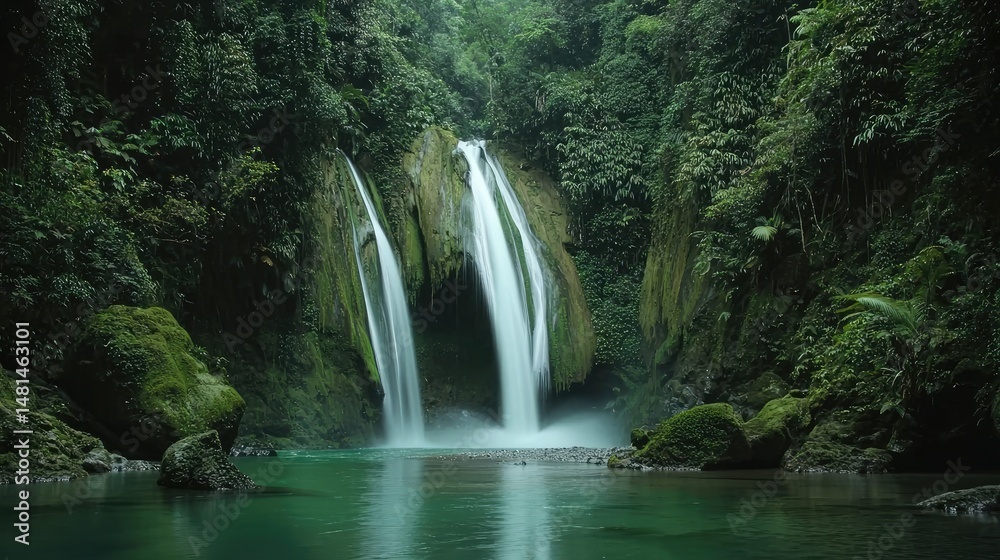 Fototapeta premium Verdant waterfall flows into a tranquil turquoise pool of water
