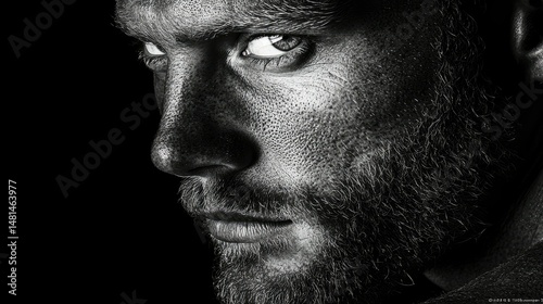 A detailed black and white portrait of a man staring intently