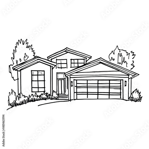 American contemporary suburb house sketch illustration drawing vector