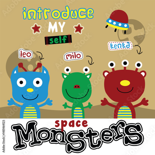 Cartoon space monsters named Leo, Milo, and Kenka introducing themselves in colorful outer space scene with planet and UFO elements for children. Sci-fi and character design concept
