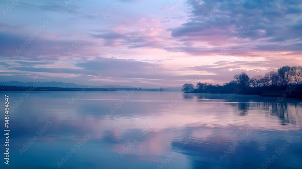 Obraz premium Serene Sunset Reflection Over Calm Waters Displaying Pink Purple and Blue Hues