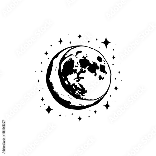 Celestial Moon Phase Illustration with Sparkling Stars on a Clear Background