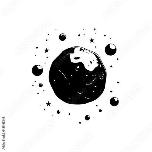 Monochrome illustration of a celestial body surrounded by stars and cosmic dust