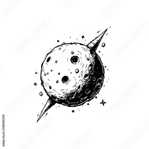 Stylized cosmic sphere with textured surface, orbiting spikes and celestial dust