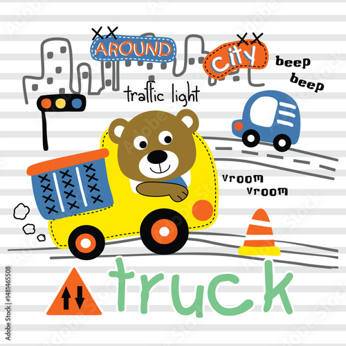 Cartoon bear driving yellow truck past traffic lights and cones with city skyline and beep beep text in fun urban transportation scene. Vehicle illustration concept
