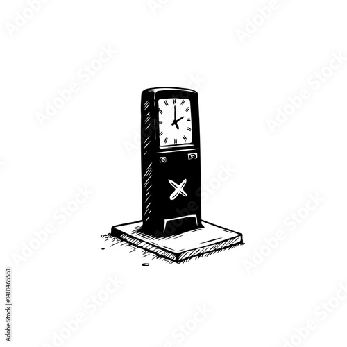 Monochrome artistic drawing of an old-fashioned public clock tower design
