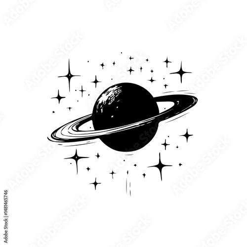 Celestial monochrome illustration of a ringed planet amidst a star field design
