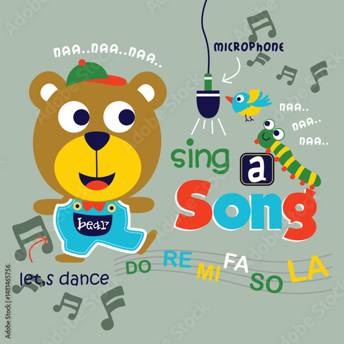 Cartoon bear singing into microphone with bird and caterpillar surrounded by musical notes and sing a song text in fun educational music scene. Music illustration concept
