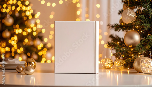 Elegant White Square Book Mockup Surrounded By Christmas Tree and Golden Ornaments on White Table Creating a Festive Holiday Scene