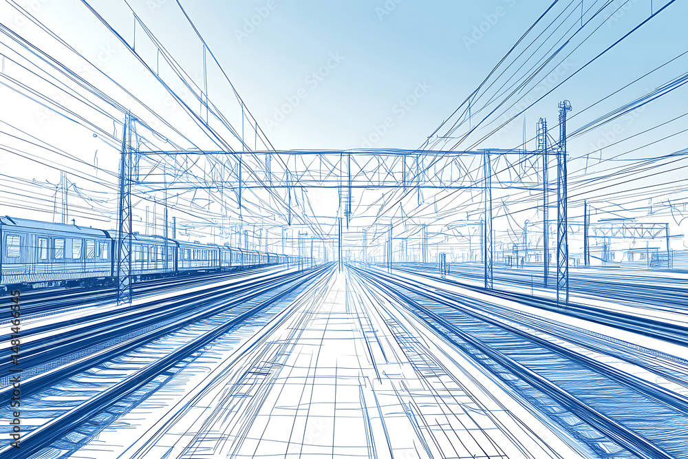 Fototapeta premium A hand drawn sketch of an intricate railway system featuring delicate linework and soft shading against a technical blue