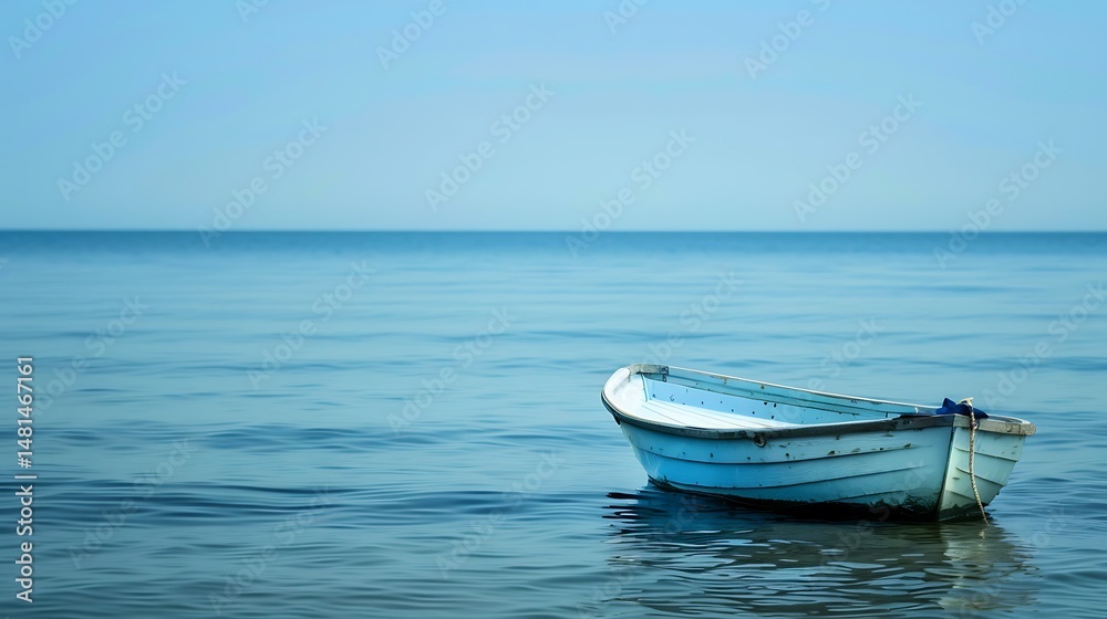 Fototapeta premium Small White Wooden Boat Floating Gently On Calm Blue Water Under Clear Sky