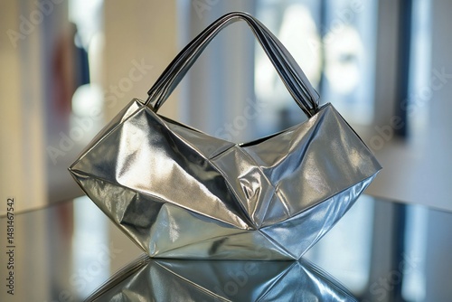 An avant-garde geometric handbag with asymmetrical folds, crafted from metallic-textured fabric, displayed on a mirrored surface,  created by ai