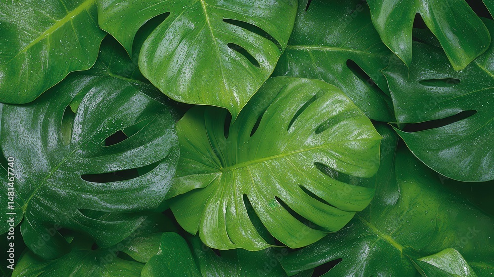 Fototapeta premium Dense Overlapping Pattern of Green Tropical Monstera Leaves with Glitter