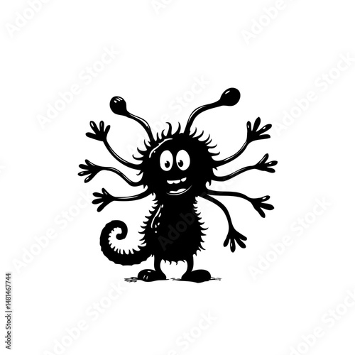 Whimsical black silhouette depicting a friendly monster with multiple limbs and eyes