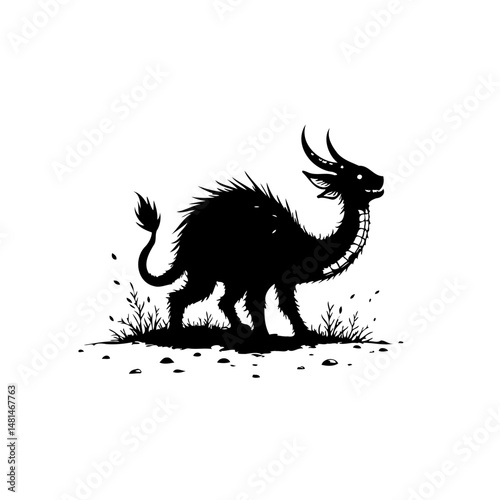 Fantastical creature in silhouette, amidst wild grass and scattered pebbles