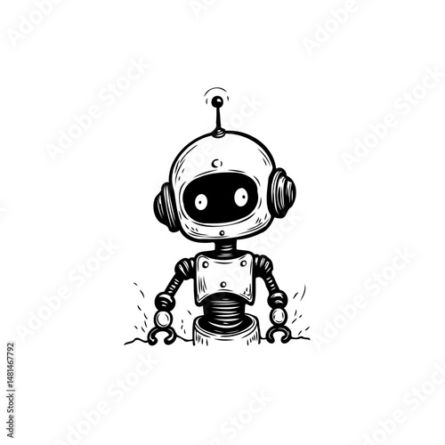 Whimsical depiction of a playful android character in monochrome outline sketch