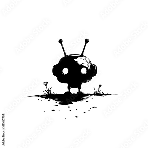 Monochromatic whimsical alien creature amidst minimal flora illustration