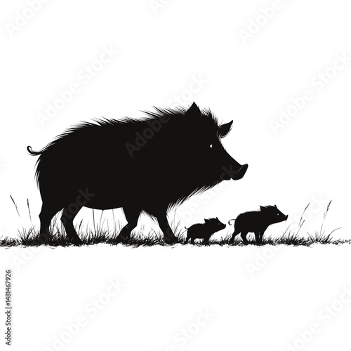 Wild hog and 2 cubs illustration silhouette wildlife vector