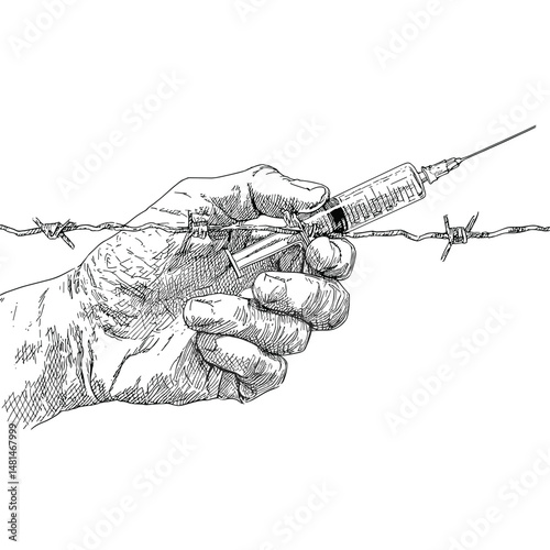 vector sketch hand holding syringe on barbed wire background white background .Generative AI