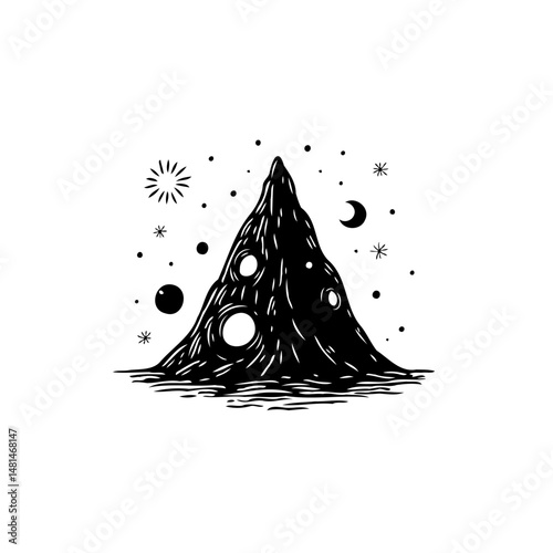 Mystical cosmic mountain surrounded by celestial bodies in a monochromatic scene