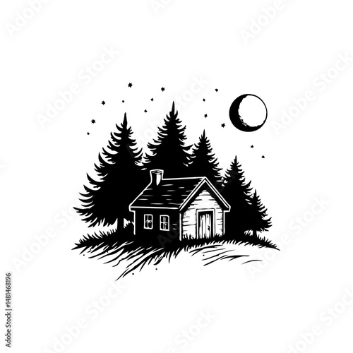 Serene cabin retreat nestled among pine trees under the celestial night sky