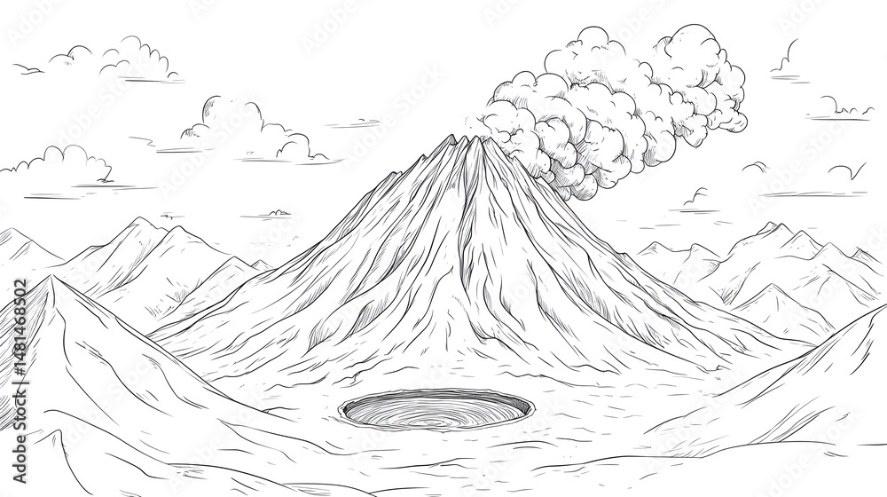 Naklejka premium Eruptive volcano landscape sketch illustration.