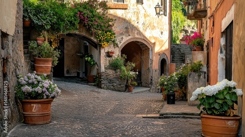 A charming cobblestone alleyway filled with flowers and plants