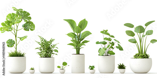 Wallpaper Mural Set of potted plants in various sizes, showcasing vibrant greenery and modern white pots, perfect for home decor and adding freshness Torontodigital.ca