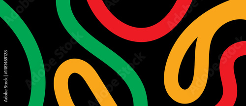 Red, orange and green curved stripes on black background. Colorful wavy lines and dark backdrop