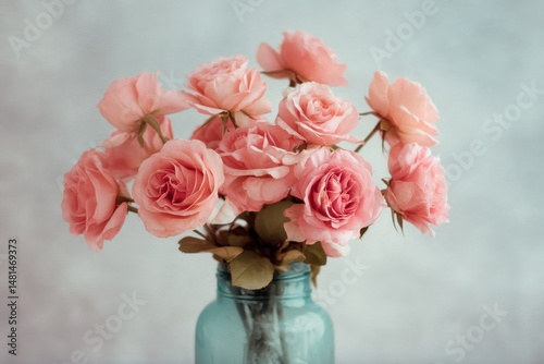 Delicate pink roses in a vintage glass vase.