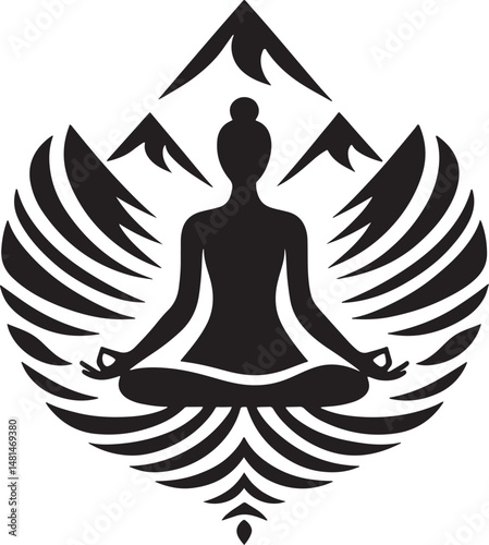 Black and white yoga room with a lotus position on the wall. 3d rendering.eps