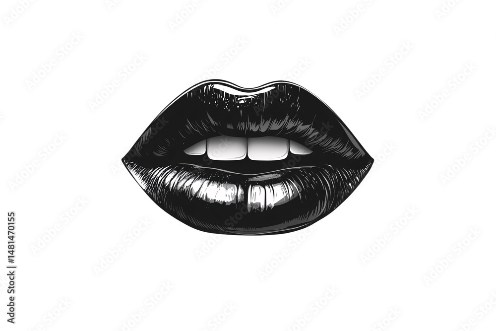 Fototapeta premium Dark glossy lips with reflective texture part to reveal white teeth, showcasing sensual expression, isolated on a transparent background